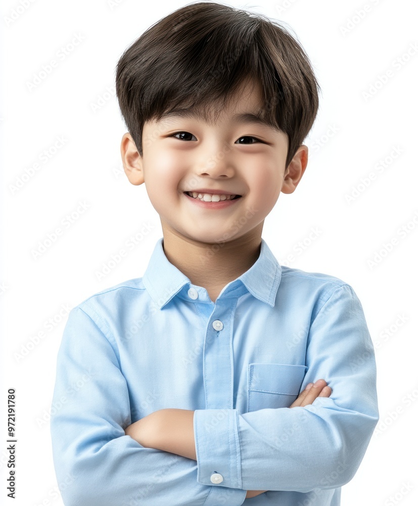 A young boy is smiling and wearing a blue shirt A young boy is smiling and wearing a blue shirt