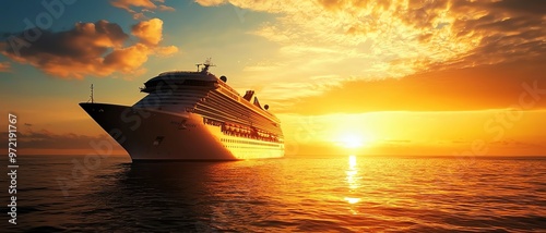 A majestic cruise ship sailing into a vibrant sunset over serene waters, creating a picturesque travel scene. photo