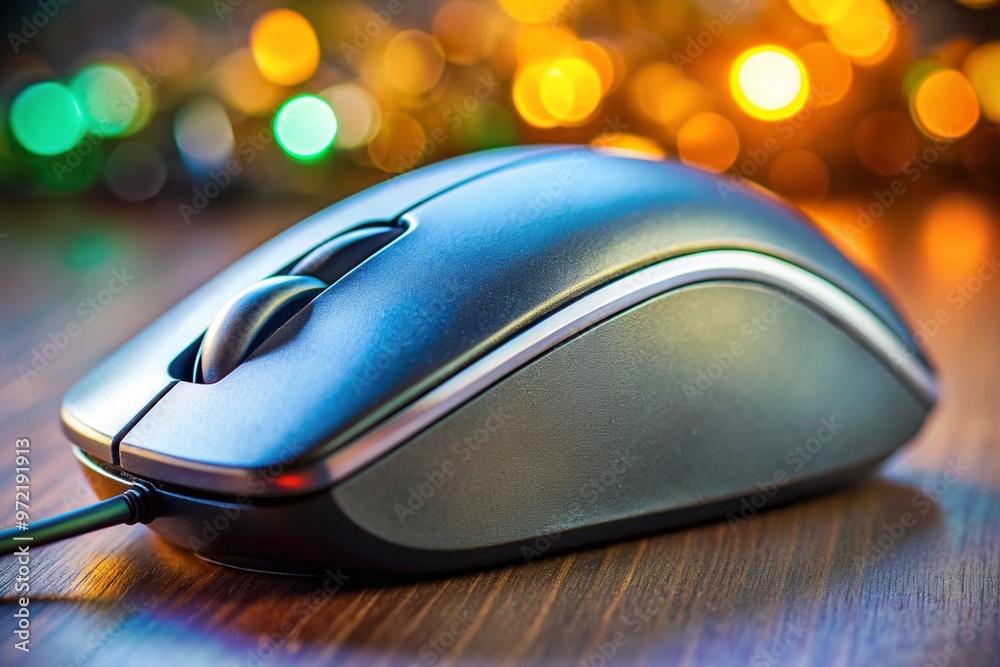A silver computer mouse is sitting on a table A silver computer mouse is sitting on a table