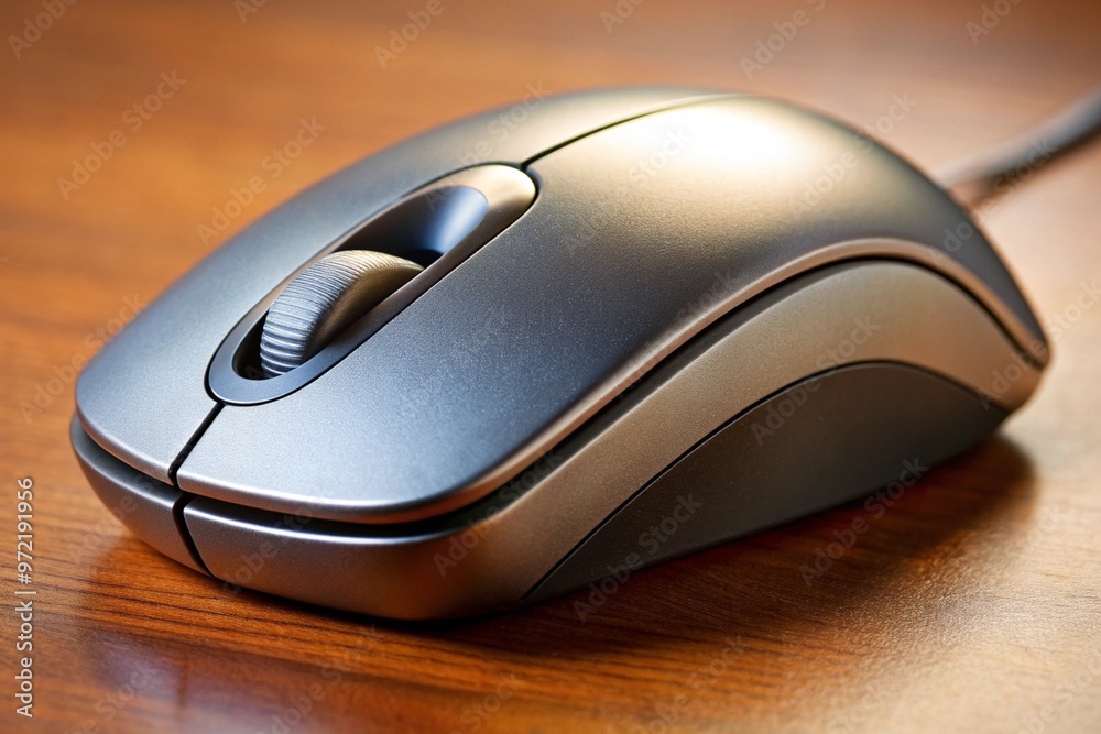 A silver computer mouse is sitting on a table