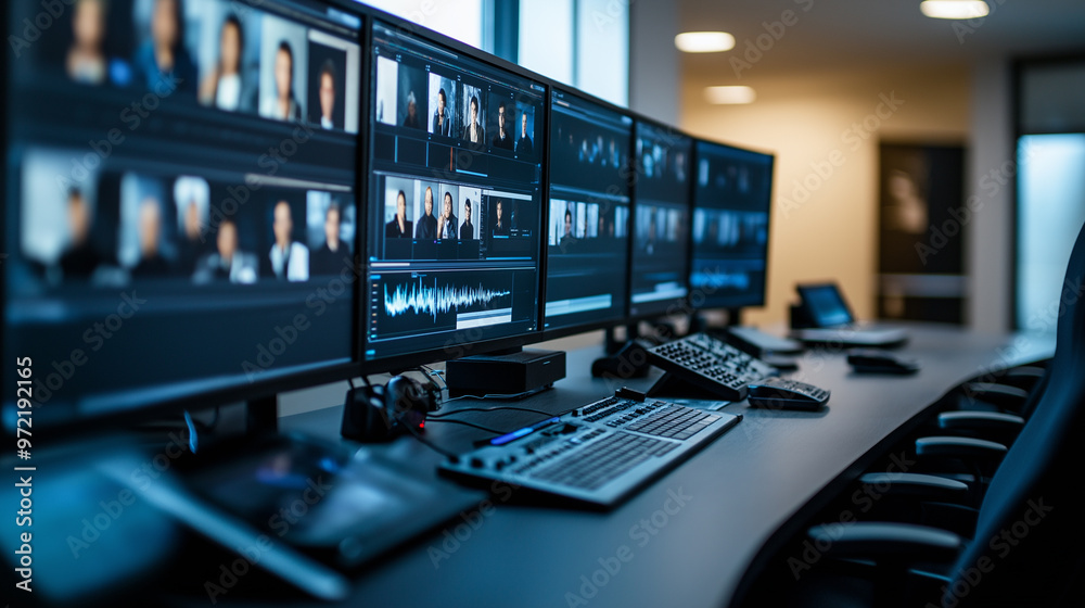 Film editing suite with multiple screens showing scenes from different movies, various editing tools visible Film editing suite with multiple screens showing scenes from different movies, various editing tools visible
