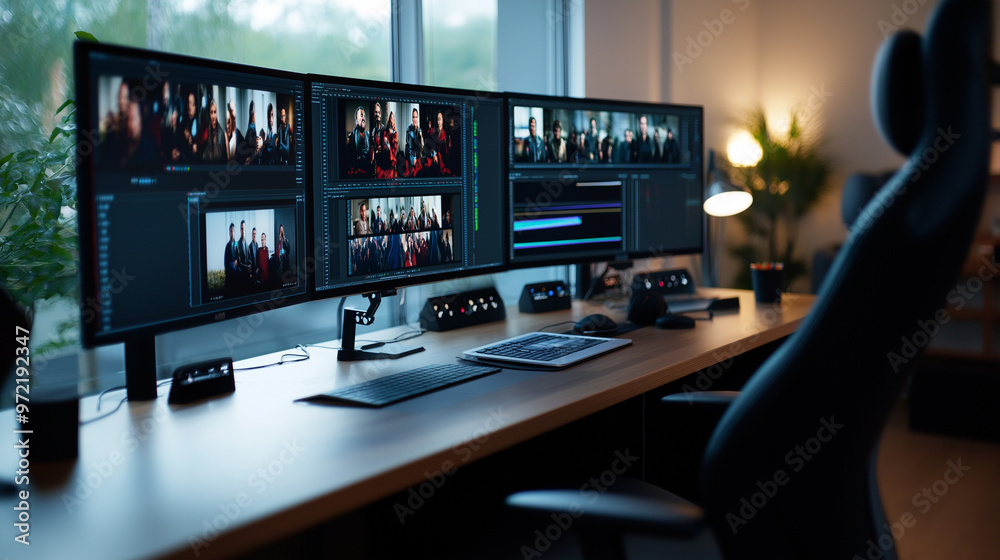 Film editing suite with multiple screens showing scenes from different movies, various editing tools visible Film editing suite with multiple screens showing scenes from different movies, various editing tools visible