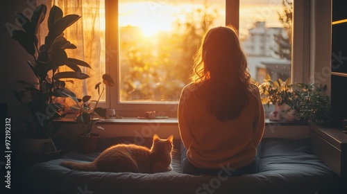 Wallpaper Mural young girl in the living room of her apartment sitting in front of the window looking at the landscape with cat lying comfortably near her, the atmosphere of the sunset in a cozy home environment Torontodigital.ca