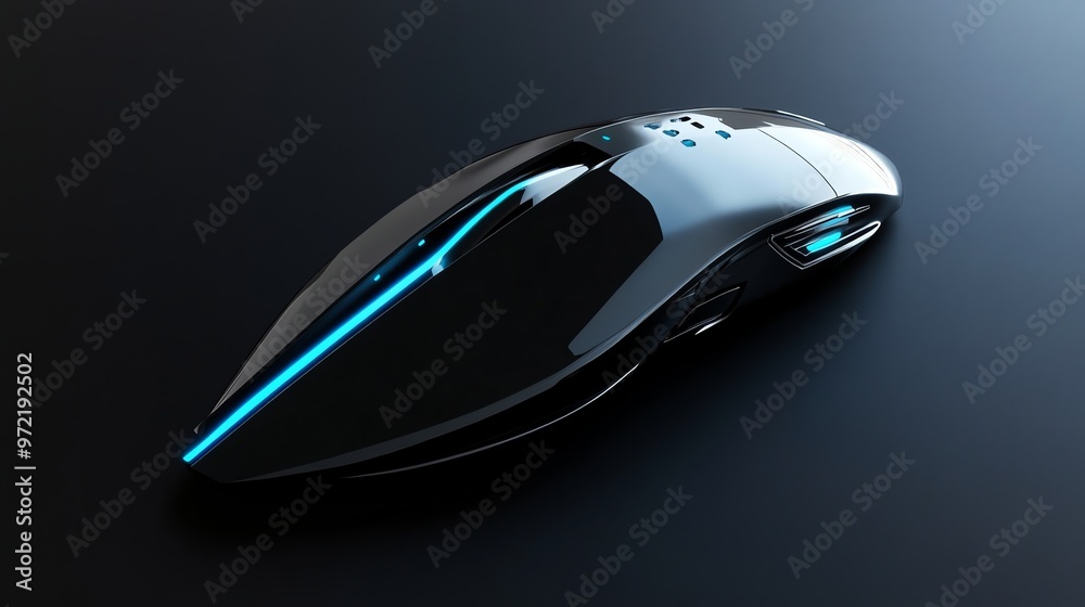A black computer mouse with blue light accents. A black computer mouse with blue light accents.