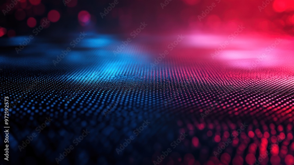 Abstract digital landscape with glowing blue and red lights.