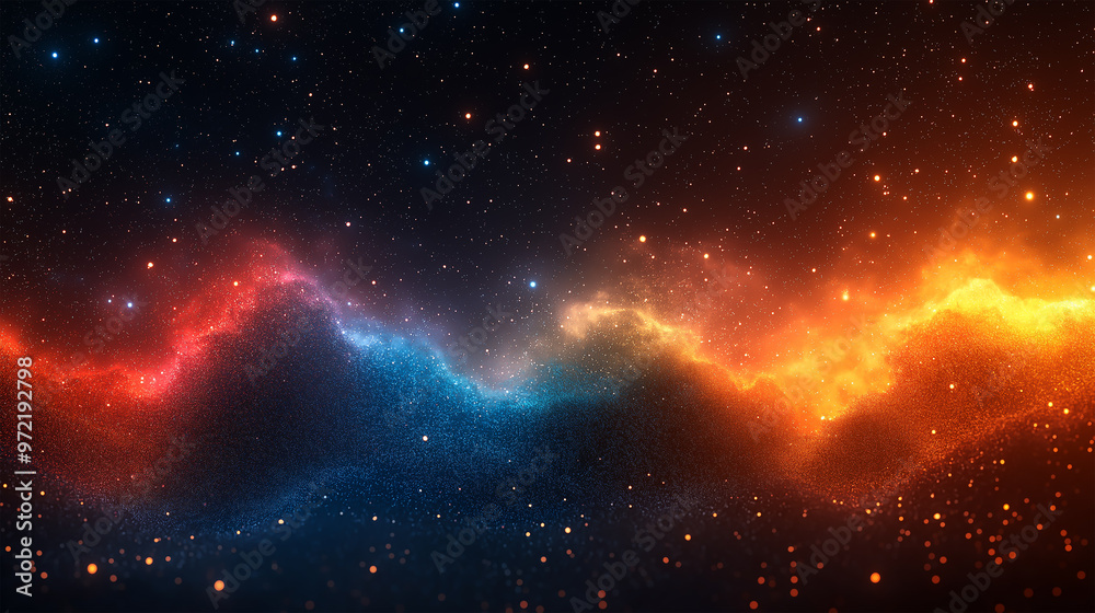 Fototapeta premium Cosmic Connection: A High-Energy Abstract Nebula of Vibrant Orange and Blue Galaxies Linked by Electric Light Trails in Deep Space