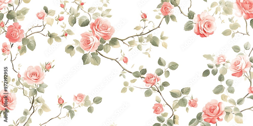 A pattern of small pink roses and green leaves on a white background. A pattern of small pink roses and green leaves on a white background.