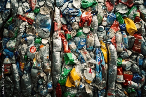 Recycling material - Plastic bottle and tin can at recycling centre. photo