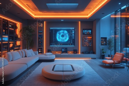 Stylish home theater room with ambient lighting and modern decor. photo