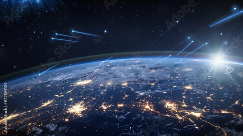 Futuristic earth from space, glowing digital networks connect continents and cities in harmony.