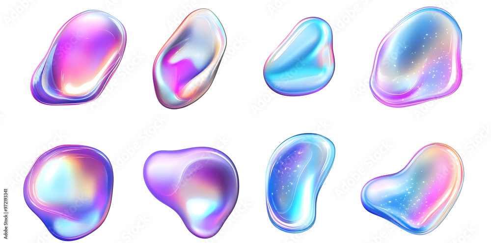 3D iridescent holographic liquid bubbles set isolated on white background