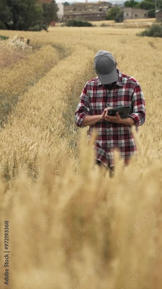 Agronomist farmer examining cereal crops quality in the wheat field in summer using digital tablet Agronomist farmer examining cereal crops quality in the wheat field in summer using digital tablet