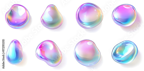 3D iridescent holographic liquid bubbles set isolated on white background