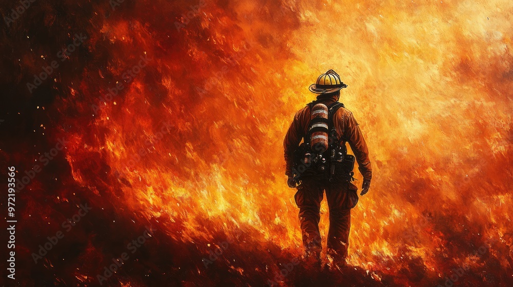 A firefighter in full gear stands bravely against a fiery backdrop, showcasing the intensity of a wildfire and the courage of those who fight it. A firefighter in full gear stands bravely against a fiery backdrop, showcasing the intensity of a wildfire and the courage of those who fight it.