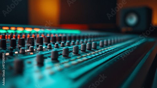 Large mixing console for sound editing, multiple sliders, and headphones in a dimly lit studio 