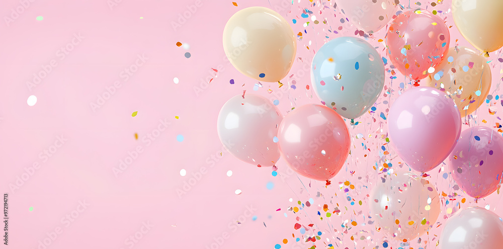 Pastel Balloons with Confetti on a Purple Background with copy space Pastel Balloons with Confetti on a Purple Background with copy space