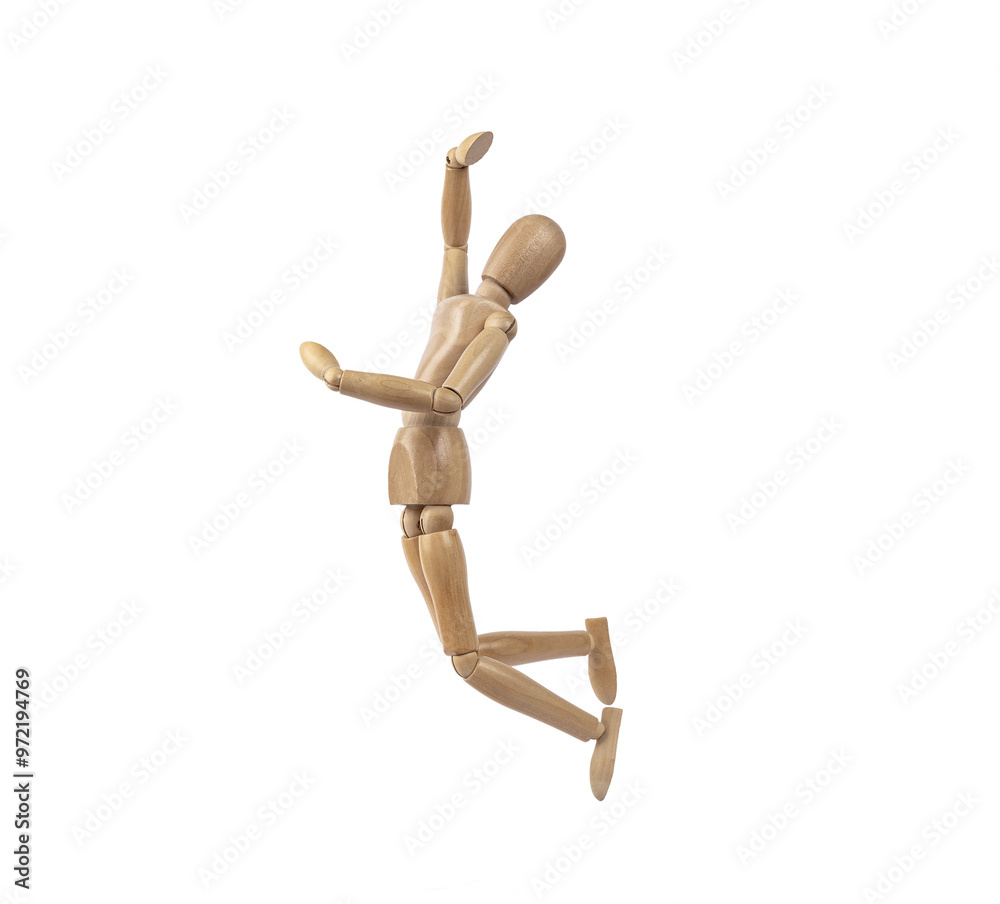 Wooden human figure jumping in sign of joy. PNG with transparent background. Concept of joy and happiness Wooden human figure jumping in sign of joy. PNG with transparent background. Concept of joy and happiness