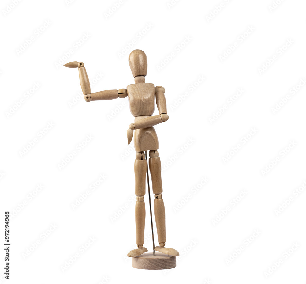Wooden human figure pointing to the side and upwards. PNG with transparent background. Concept of indication, attention and representation Wooden human figure pointing to the side and upwards. PNG with transparent background. Concept of indication, attention and representation