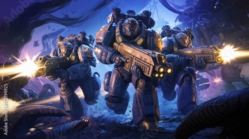 a cinematic shot of futuristic soldiers-wearing-bulk suit