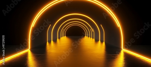 Black runway stage or corridor with neon yellow arch. Realistic 3d illustration of perspective hall or catwalk podium with golden light led arc. Abstract futuristic portal or night club. Generative Ai