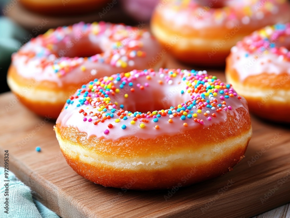 Glazed donuts with colorful sprinkles on a wooden board Glazed donuts with colorful sprinkles on a wooden board