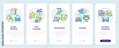 Movie pre-production onboarding mobile app screen. Walkthrough 5 steps editable graphic instructions with linear concepts. UI, UX, GUI template. Montserrat SemiBold, Regular fonts used