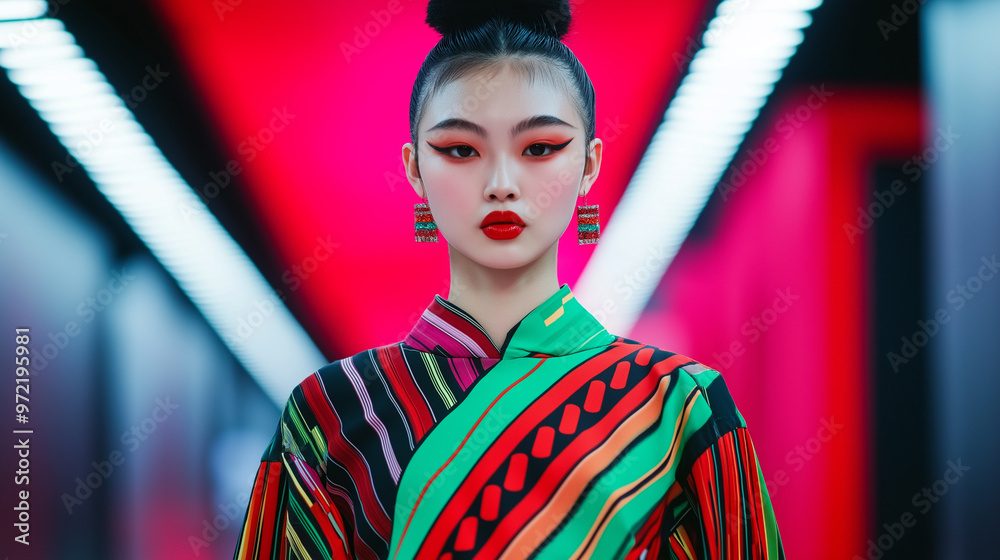 Runway at Shanghai Fashion Week with a model in an avant-garde dress, bold colors and futuristic patterns, neon lights 
