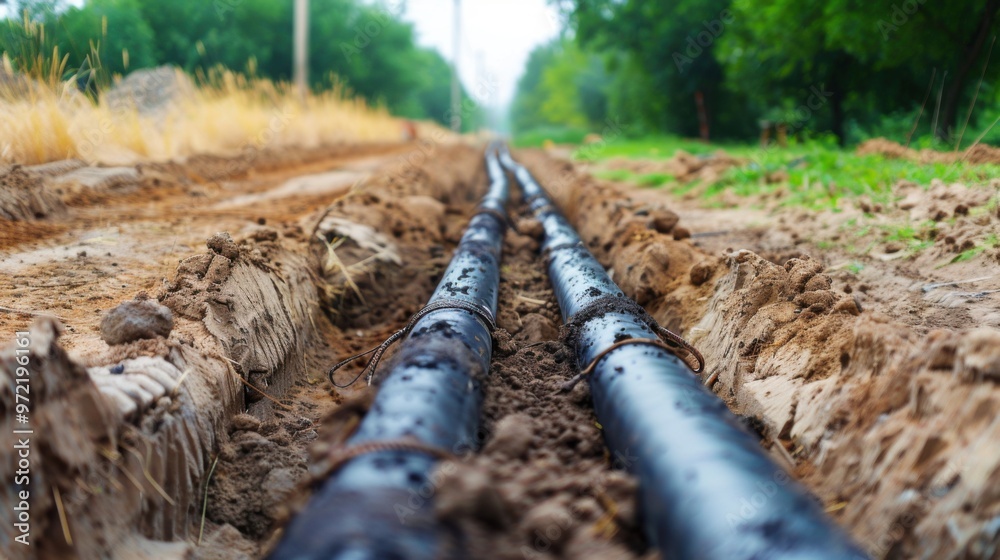 Black electrical cables are laid in a trench along a dirt road during construction Black electrical cables are laid in a trench along a dirt road during construction