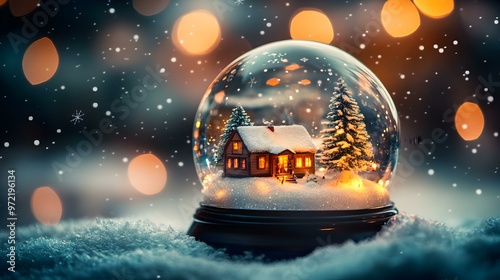 Enchanting Snow Globe, a luminous crystal-clear globe encasing a miniature winter wonderland, sparkling snowflakes dance within, evoking holiday magic.