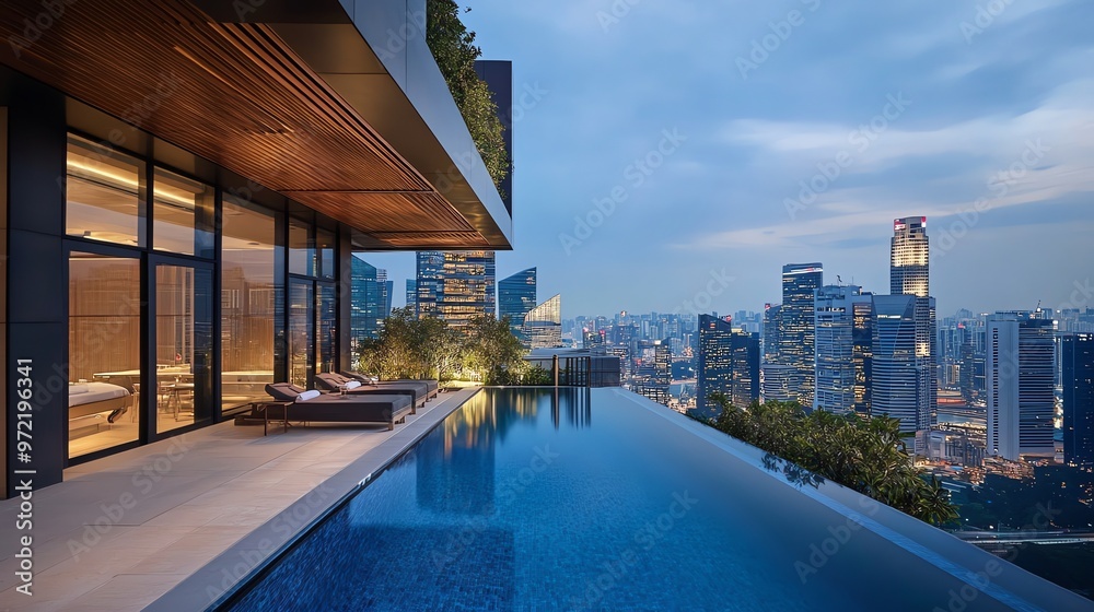 Obraz premium Luxury penthouse with infinity pool overlooking a cityscape at dusk.