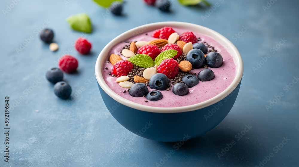 Smoothie bowl topped with berries, nuts, and seeds, labeled as dopamine-rich, bright and fresh presentation Smoothie bowl topped with berries, nuts, and seeds, labeled as dopamine-rich, bright and fresh presentation