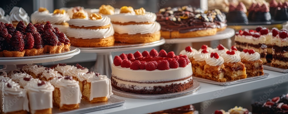 A bakery display filled with a variety of cakes, pastries, and tarts, all beautifully arranged, showcasing sweet baked indulgence. A bakery display filled with a variety of cakes, pastries, and tarts, all beautifully arranged, showcasing sweet baked indulgence.