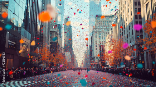 Spectacular view of the Macys Thanksgiving Day Parade with multi-colored confetti raining down on Manhattans bustling streets isolated on a gradient background 