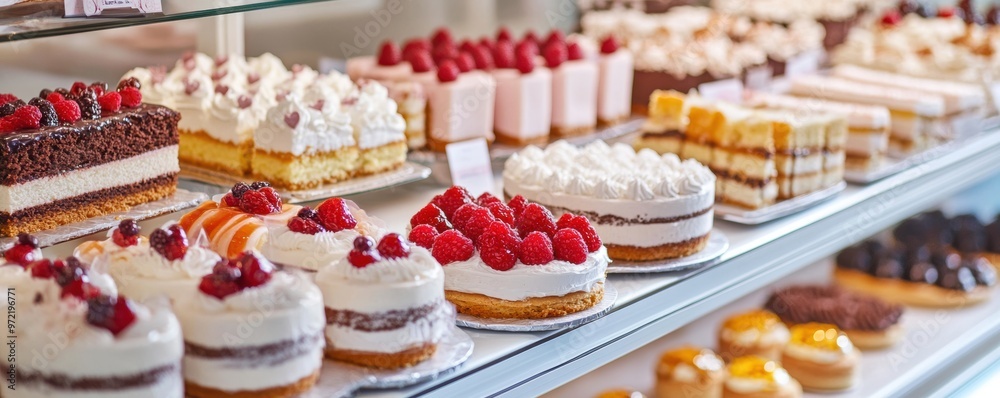 A bakery display filled with a variety of cakes, pastries, and tarts, all beautifully arranged, showcasing sweet baked indulgence. A bakery display filled with a variety of cakes, pastries, and tarts, all beautifully arranged, showcasing sweet baked indulgence.