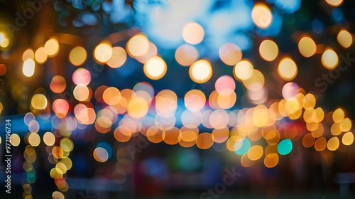 Abstract blurry blue background with decorative bokeh lights capturing an outdoor festival celebration