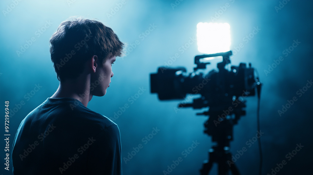 Studio camera rig with a telephoto lens aimed at an actor on a set, spotlight highlighting the subject Studio camera rig with a telephoto lens aimed at an actor on a set, spotlight highlighting the subject