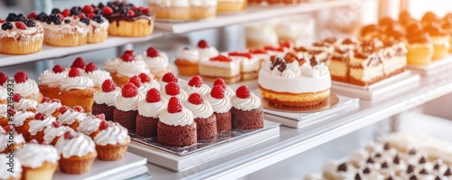 A bakery display filled with a variety of cakes, pastries, and tarts, all beautifully arranged, showcasing sweet baked indulgence.