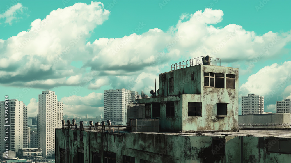 Urban rooftop roofball scene with spectators watching from nearby buildings and a cool-toned sky filled with clouds Urban rooftop roofball scene with spectators watching from nearby buildings and a cool-toned sky filled with clouds