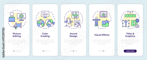 Post-production phase onboarding mobile app screen. Walkthrough 5 steps editable graphic instructions with linear concepts. UI, UX, GUI template. Montserrat SemiBold, Regular fonts used