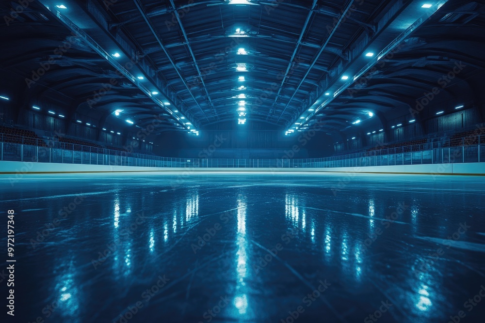 Empty indoor ice rink with blue lighting. This photo can be used for sports, winter, or recreation themes. Empty indoor ice rink with blue lighting. This photo can be used for sports, winter, or recreation themes.