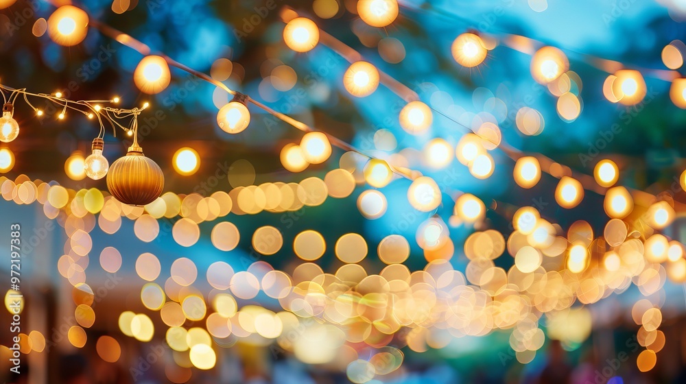 Abstract blurry blue background with decorative bokeh lights capturing an outdoor festival celebration Abstract blurry blue background with decorative bokeh lights capturing an outdoor festival celebration
