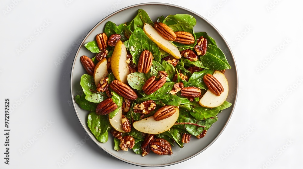 Fresh pear and pecan salad with mixed greens and walnuts on a plate Fresh pear and pecan salad with mixed greens and walnuts on a plate