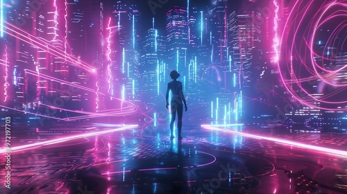 Immersive futuristic dance scene with neon lights and vibrant rhythmic waves in cityscape