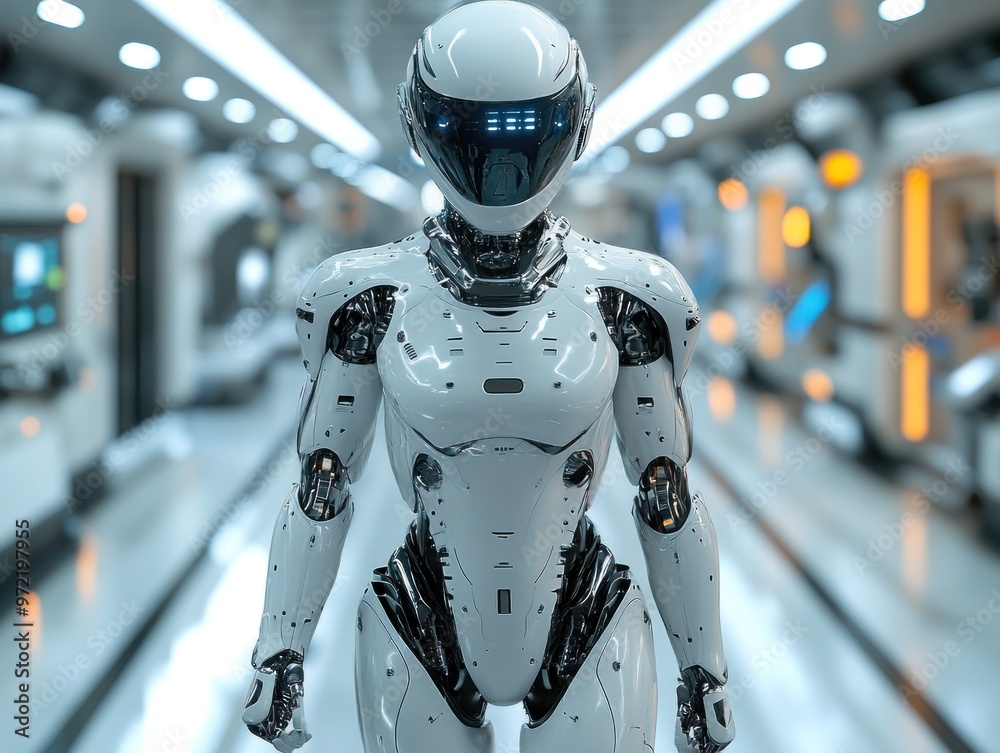 A futuristic humanoid robot stands in a sleek, high-tech environment. A futuristic humanoid robot stands in a sleek, high-tech environment.