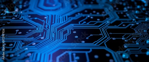 Close-up view of a blue circuit board showcasing intricate designs and connections during a technological design process photo