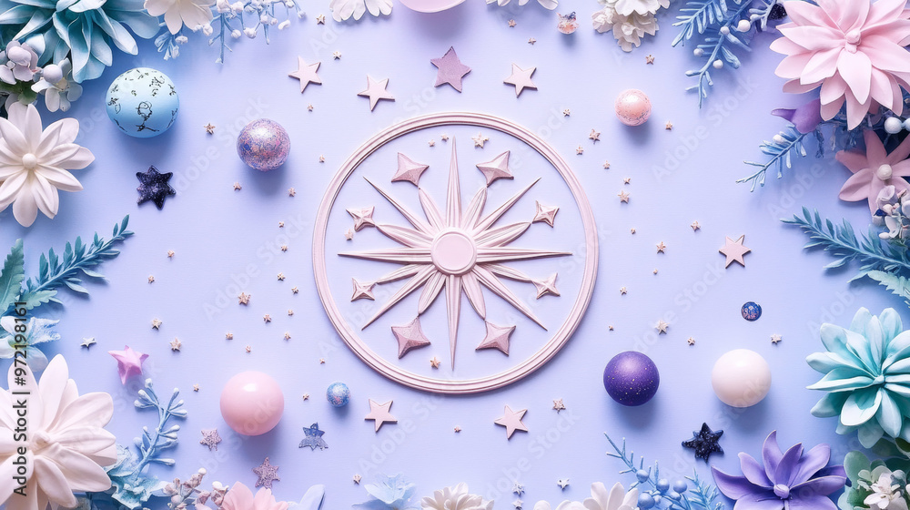 Zodiac Virgo symbol surrounded by celestial illustrations, with stars, planets, and delicate floral elements in pastel colors Zodiac Virgo symbol surrounded by celestial illustrations, with stars, planets, and delicate floral elements in pastel colors