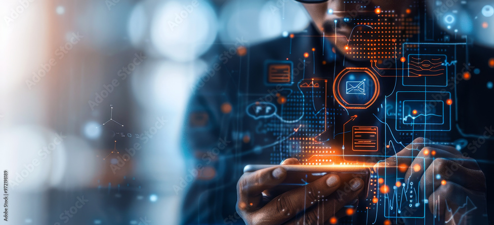 Fototapeta premium Young businessman securing mobile banking with biometrics - fingerprint and facial recognition scanning for cybersecurity, data protection on smartphone