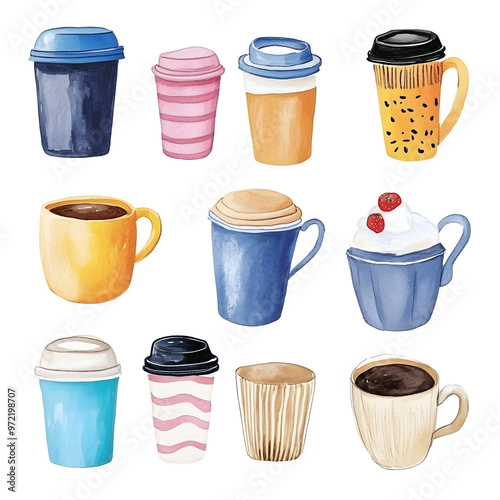Wallpaper Mural Coffee to go watercolor hand drawn illustration collection, isolated on white background Torontodigital.ca