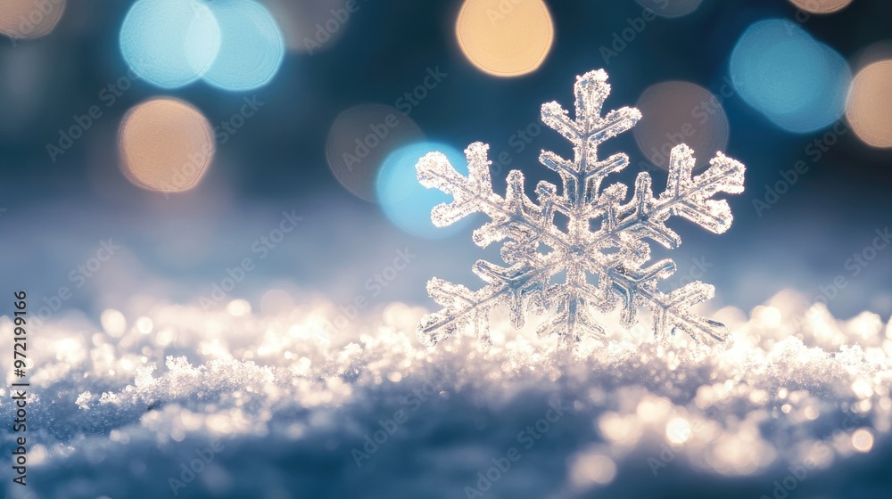 A single snowflake sits on fresh snow with a sparkling light background.