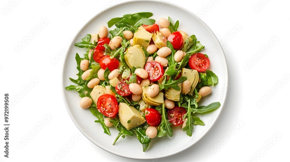 Fresh mediterranean salad with artichokes, tomatoes, beans, and arugula Fresh mediterranean salad with artichokes, tomatoes, beans, and arugula